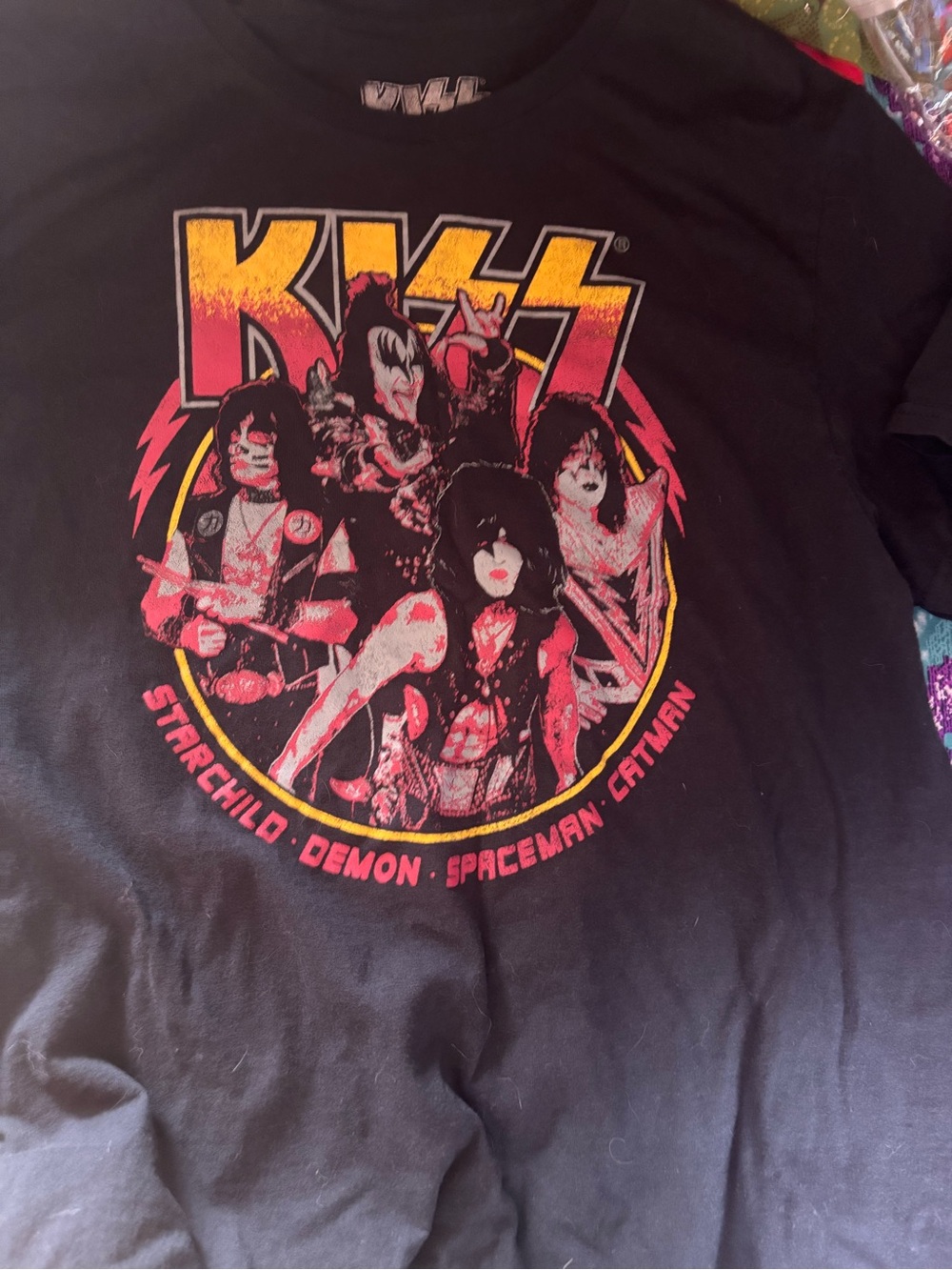 Kiss Black Tee with Yellow & Pink Band Graphic